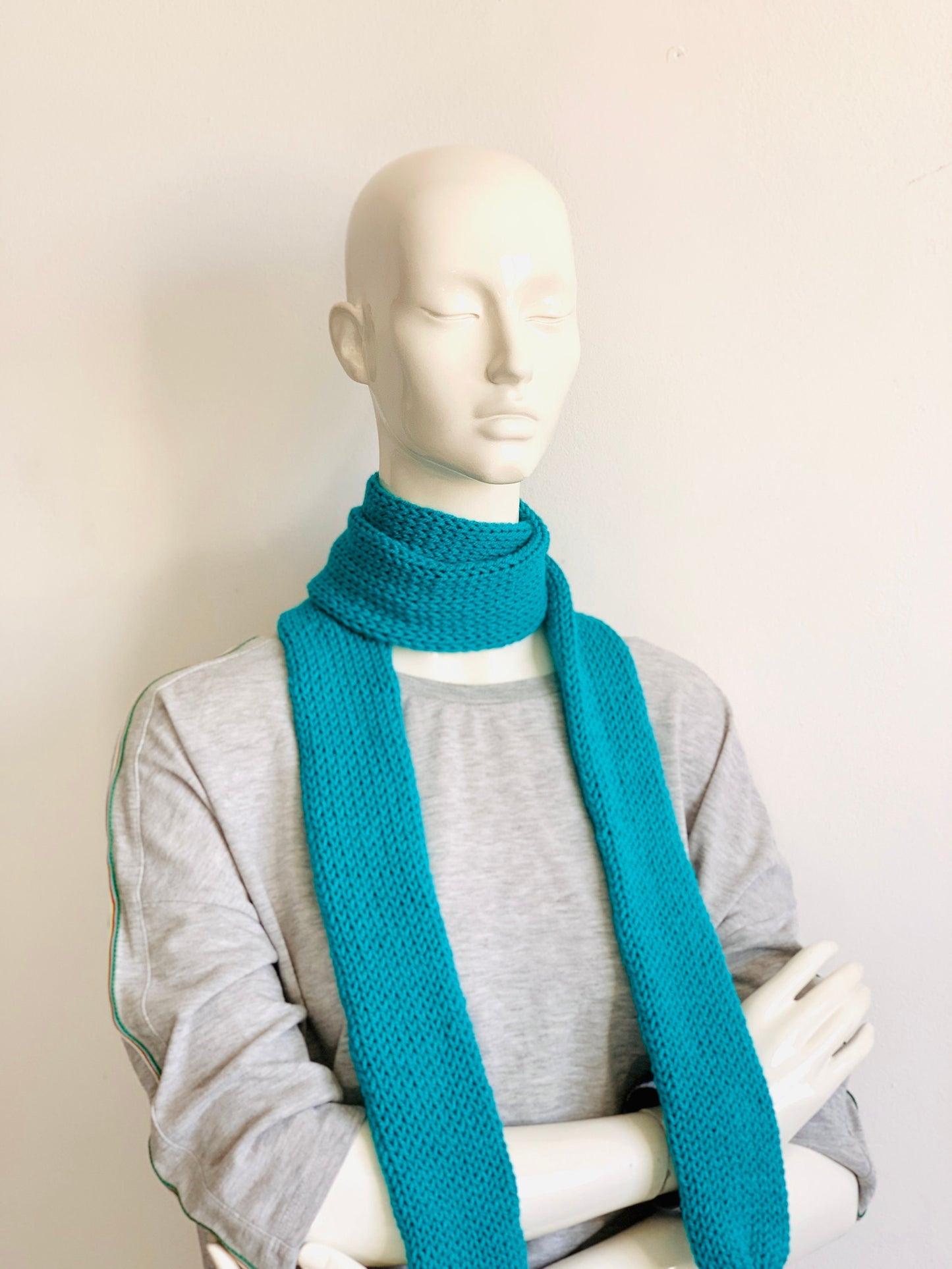 Skinny Scarf, Turquoise Skinny Knit Scarf, Handmade Azure Long Scarf Tie, Mint Blue Double Sided Tube Thin Scarf, Women Knitted Scarves