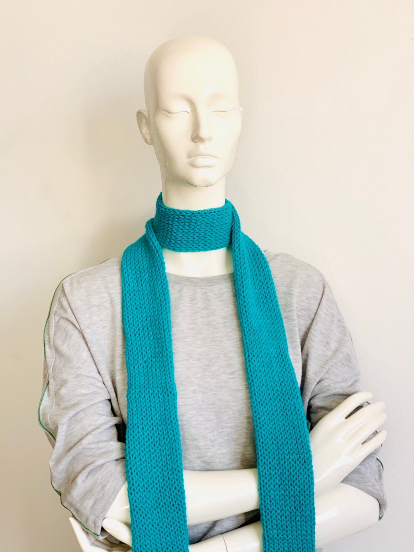 Skinny Scarf, Turquoise Skinny Knit Scarf, Handmade Azure Long Scarf Tie, Mint Blue Double Sided Tube Thin Scarf, Women Knitted Scarves