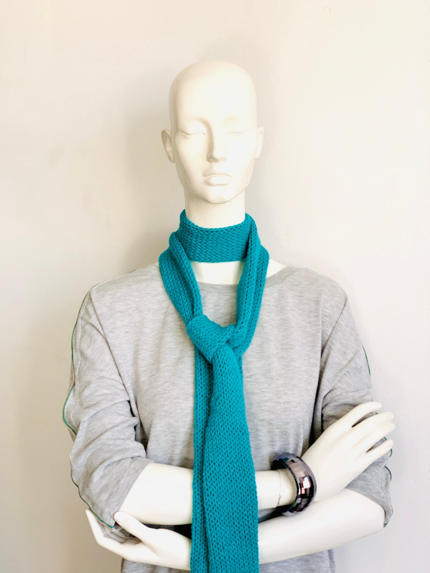 Skinny Scarf, Turquoise Skinny Knit Scarf, Handmade Azure Long Scarf Tie, Mint Blue Double Sided Tube Thin Scarf, Women Knitted Scarves