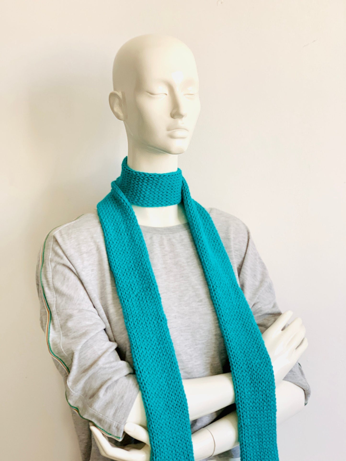 Skinny Scarf, Turquoise Skinny Knit Scarf, Handmade Azure Long Scarf Tie, Mint Blue Double Sided Tube Thin Scarf, Women Knitted Scarves