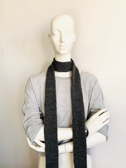 Skinny Scarf Gray Skinny Knit Scarf, Charcoal Gray Long Scarf Tie, Dark Graphite Gray Double Tube Thin Scarf, Women Knitted Scarves