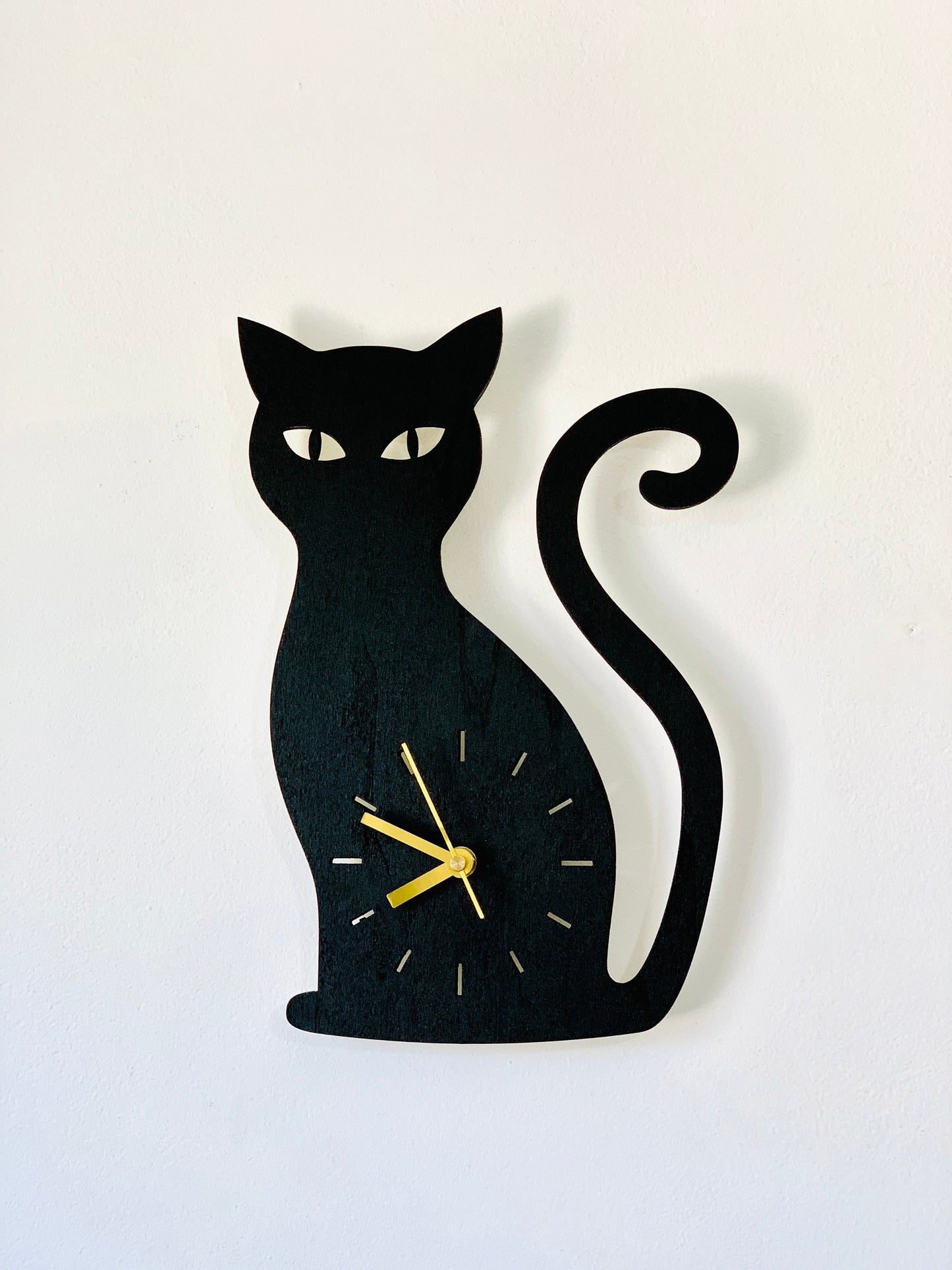 Cat Wall Clock, Black & Gold Wood Wall Hanging Clock, Angry Cat Wall Clock, Cat Lovers Gift, Crazy Cat Lady Gift