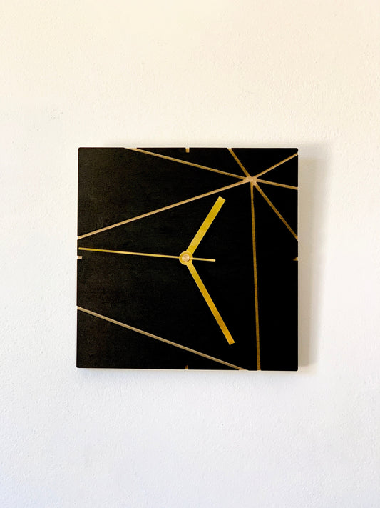 Black & Gold Wall Clock, Square Geometric Wooden Wall Hanging Clock, Black Silver Clock, Black Copper Wall Clock, Black White Wall Clock