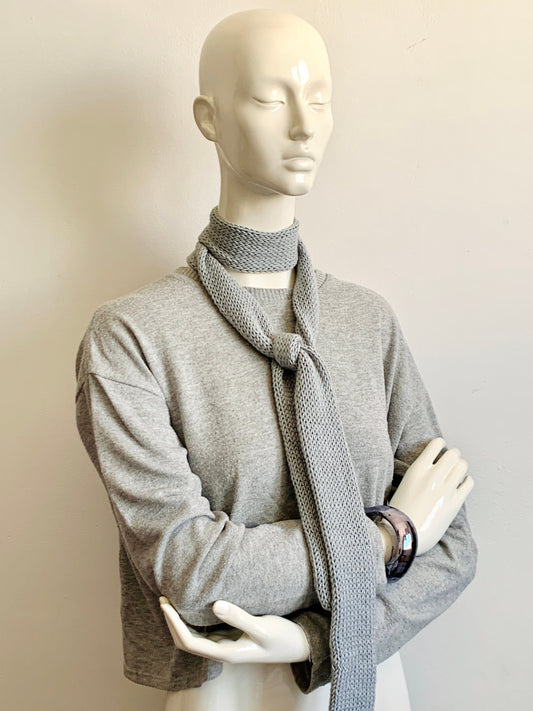 Skinny Scarf, Light Grey Skinny Knit Scarf, Handmade Light Grey Long Scarf Tie, Blue Gray Double Sided Thin Scarf, Women Knitted Scarves