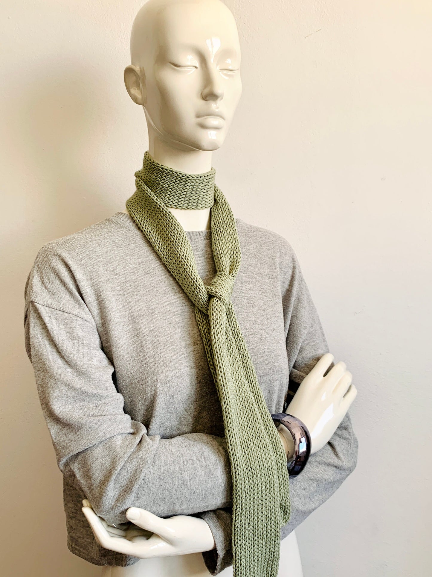 Skinny Scarf, Pastel Green Skinny Knit Scarf, Handmade Pistachio Green Long Scarf, Khaki Green Double Sided Thin Women Knitted Scarves