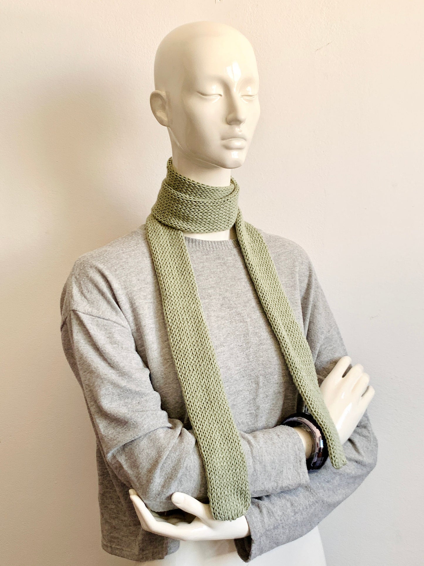 Skinny Scarf, Pastel Green Skinny Knit Scarf, Handmade Pistachio Green Long Scarf, Khaki Green Double Sided Thin Women Knitted Scarves