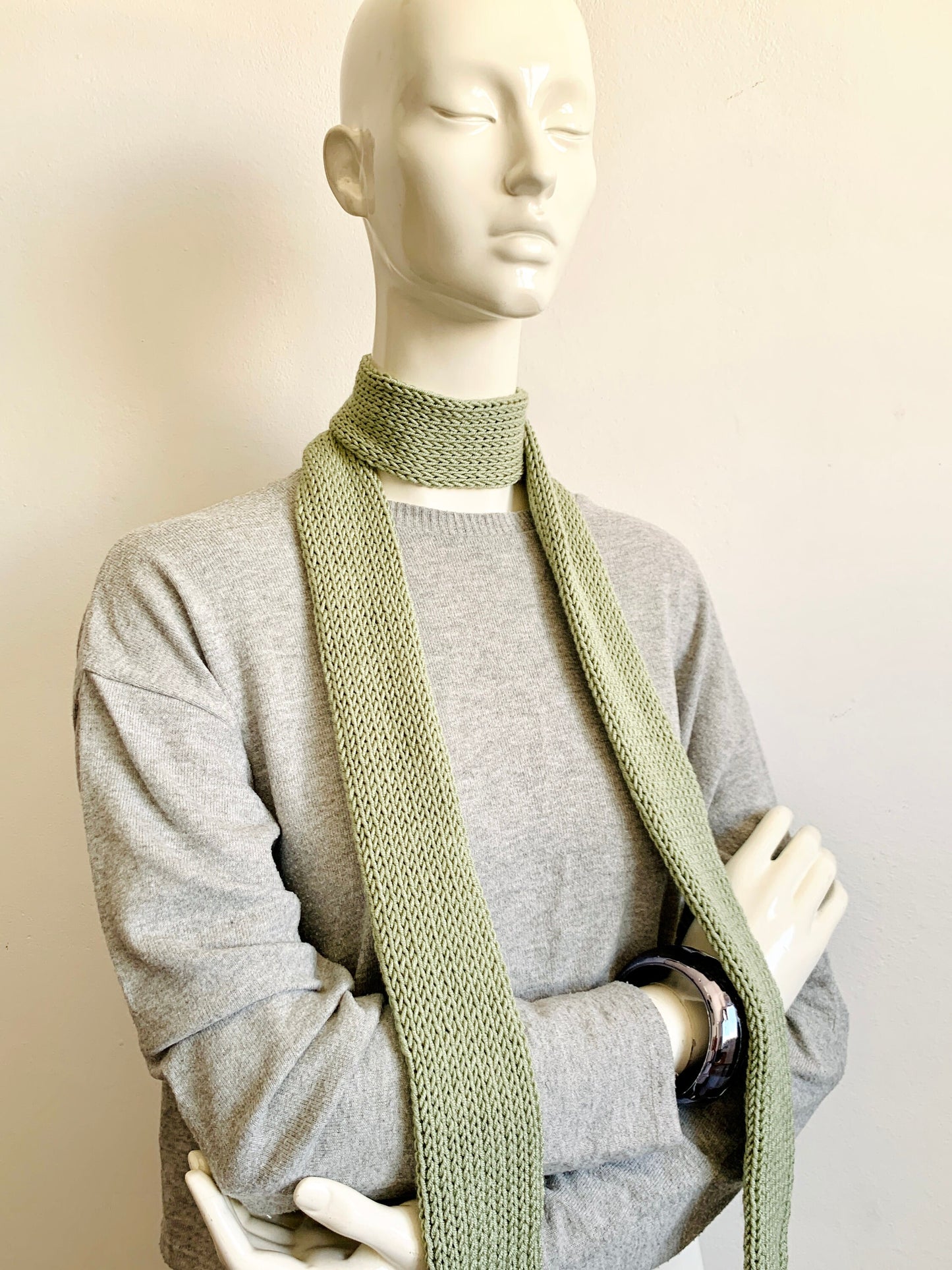 Skinny Scarf, Pastel Green Skinny Knit Scarf, Handmade Pistachio Green Long Scarf, Khaki Green Double Sided Thin Women Knitted Scarves