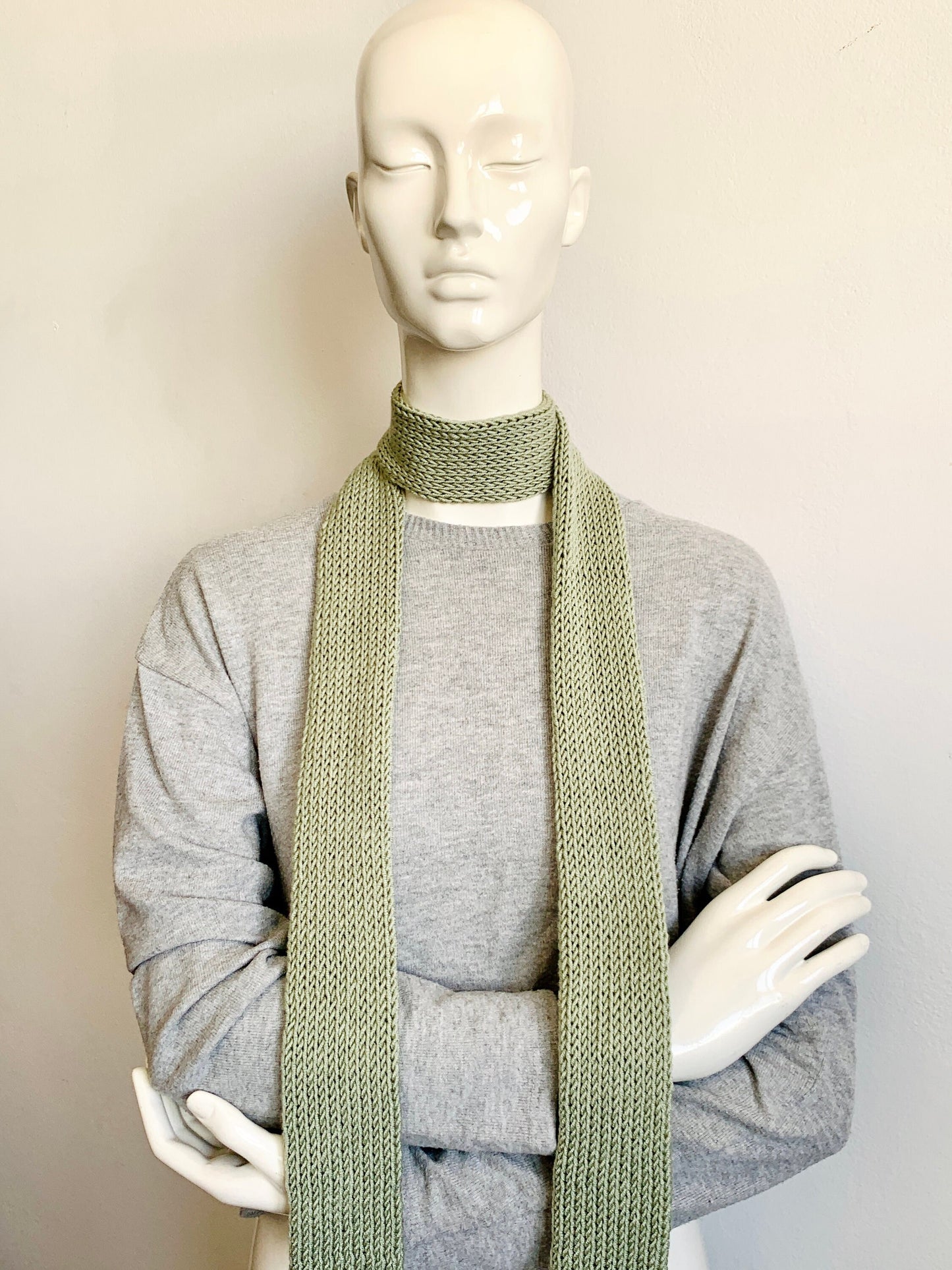 Skinny Scarf, Pastel Green Skinny Knit Scarf, Handmade Pistachio Green Long Scarf, Khaki Green Double Sided Thin Women Knitted Scarves