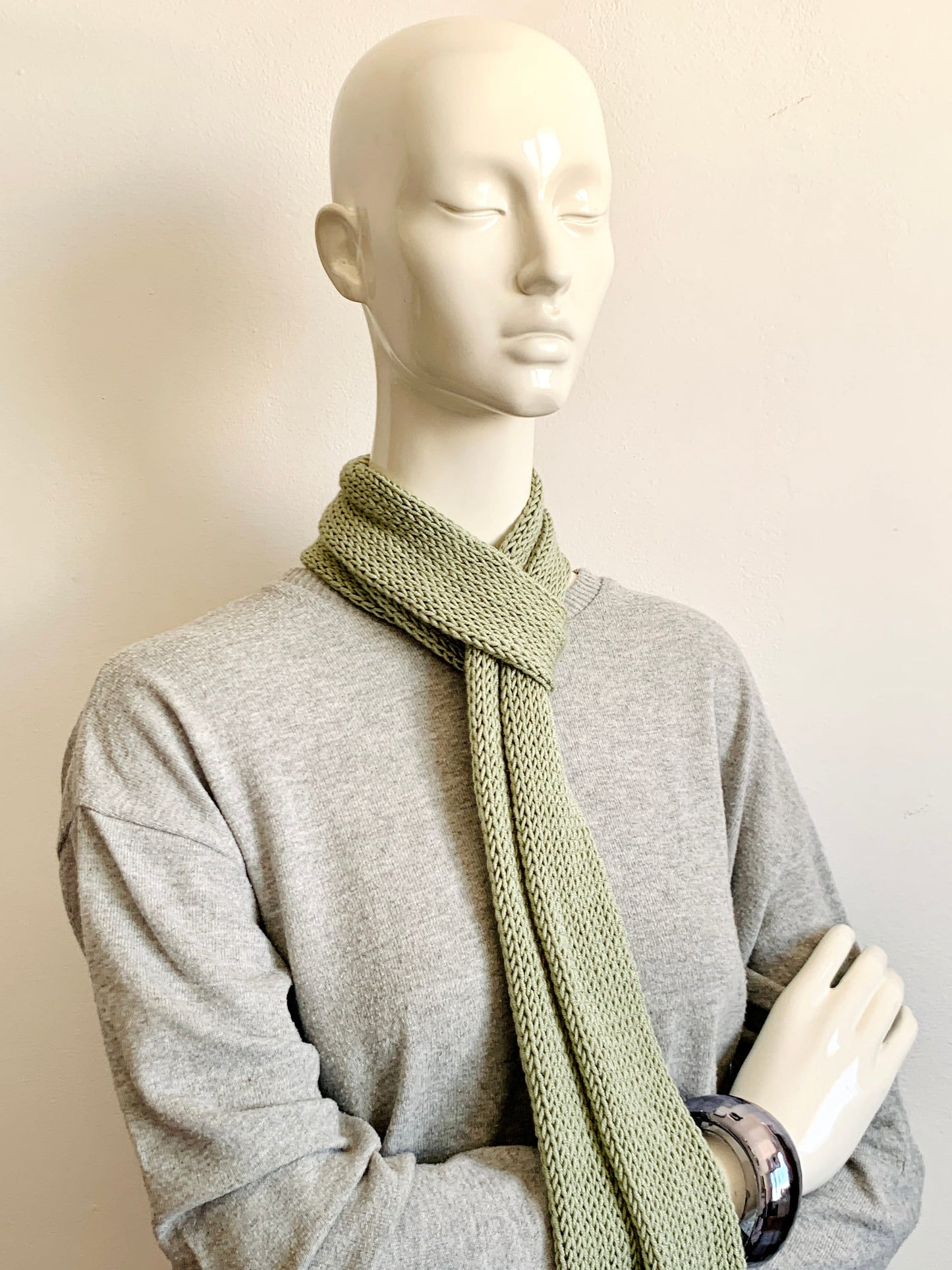 Skinny Scarf, Pastel Green Skinny Knit Scarf, Handmade Pistachio Green Long Scarf, Khaki Green Double Sided Thin Women Knitted Scarves