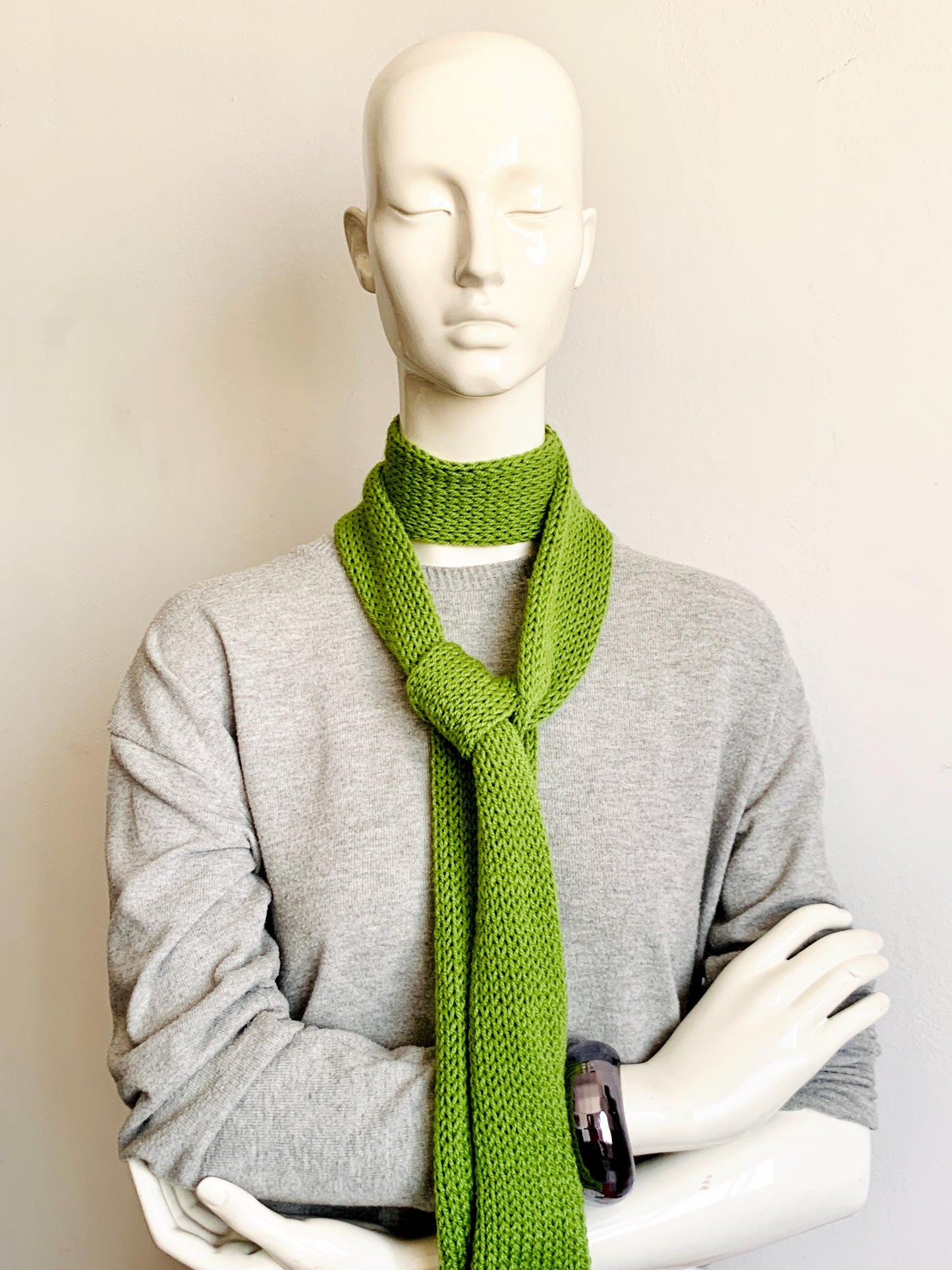 Skinny Scarf, Matcha Green Skinny Knit Scarf, Handmade Pistachio Green Long Scarf Tie, Sage Green Double Sided Tube Scarf, Knitted Scarves