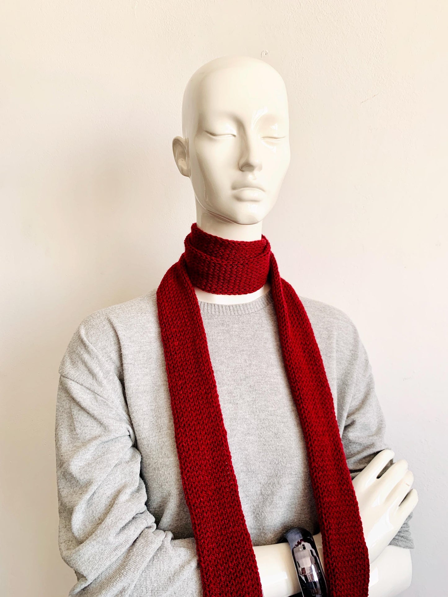 Skinny Scarf, Maroon Skinny Knit Scarf, Handmade Burgundy Long Scarf Tie, Bordeaux Wine Red Double Thin Scarf, Glamorous & Elegant