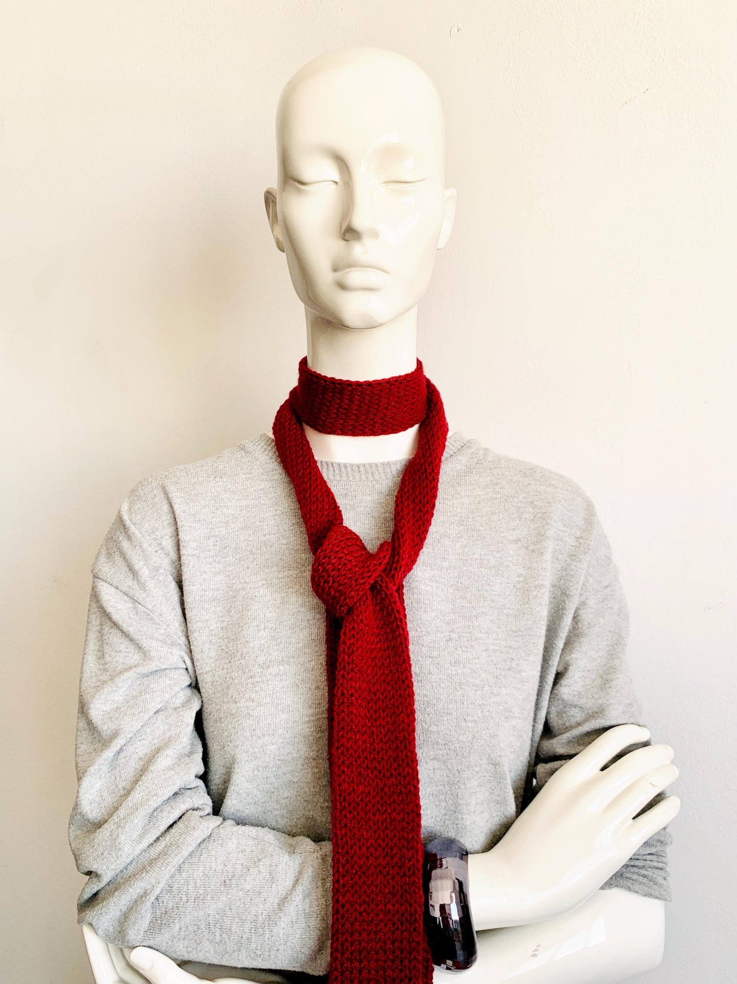 Skinny Scarf, Maroon Skinny Knit Scarf, Handmade Burgundy Long Scarf Tie, Bordeaux Wine Red Double Thin Scarf, Glamorous & Elegant