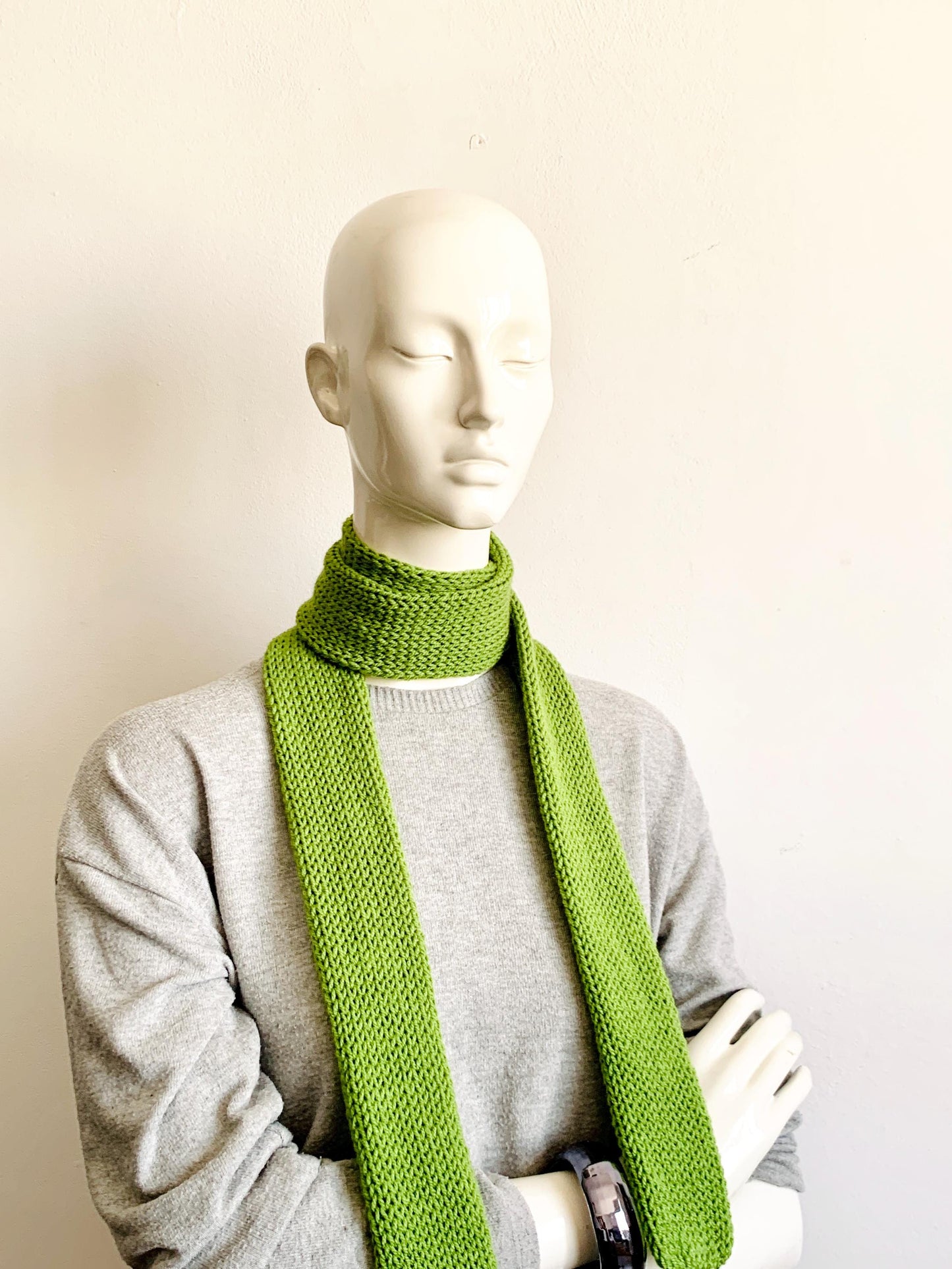 Skinny Scarf, Matcha Green Skinny Knit Scarf, Handmade Pistachio Green Long Scarf Tie, Sage Green Double Sided Tube Scarf, Knitted Scarves