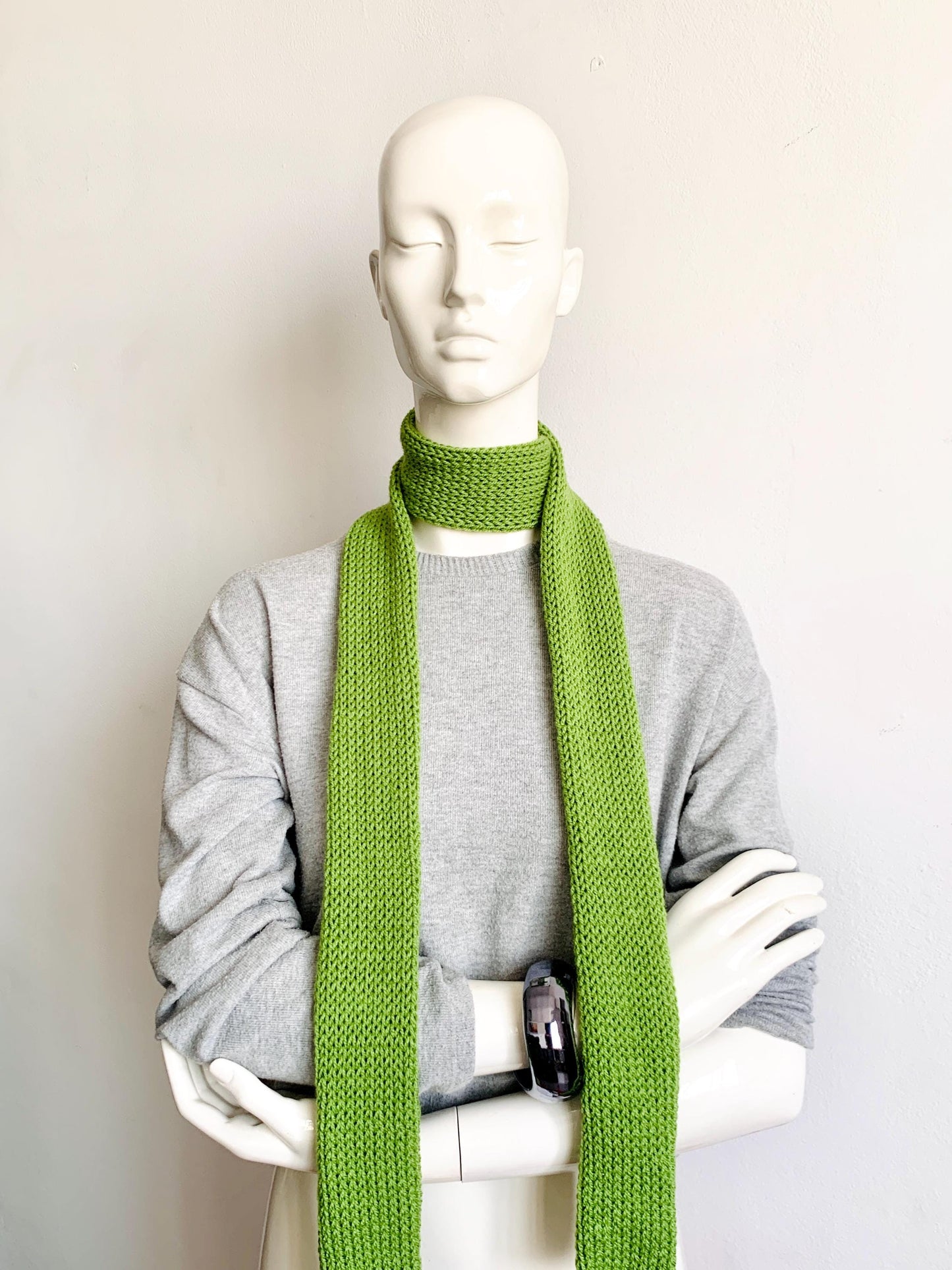 Skinny Scarf, Matcha Green Skinny Knit Scarf, Handmade Pistachio Green Long Scarf Tie, Sage Green Double Sided Tube Scarf, Knitted Scarves