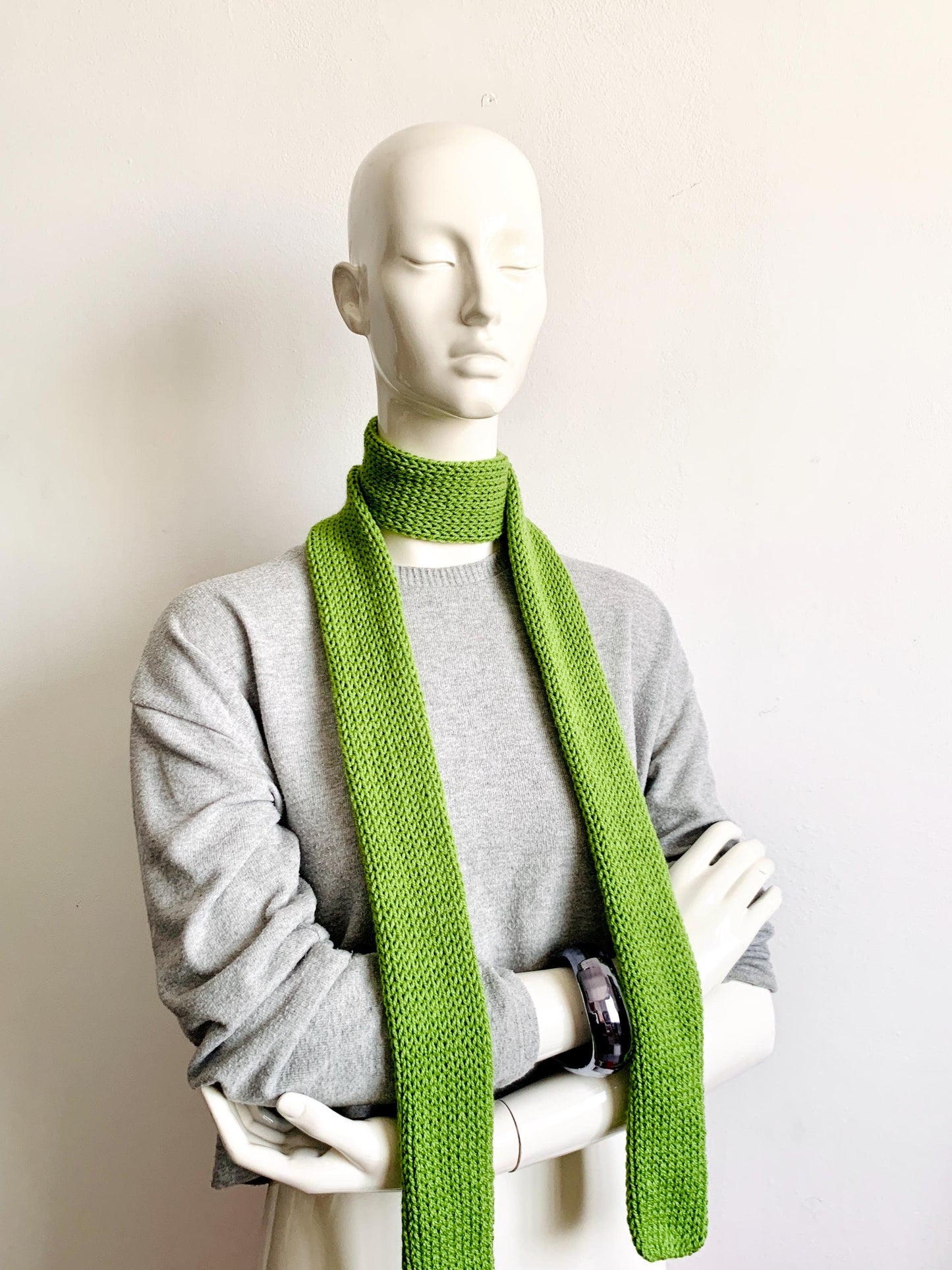 Skinny Scarf, Matcha Green Skinny Knit Scarf, Handmade Pistachio Green Long Scarf Tie, Sage Green Double Sided Tube Scarf, Knitted Scarves