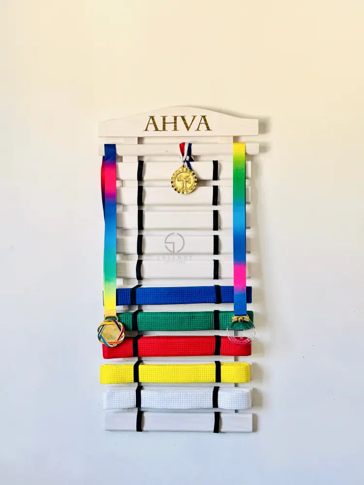 Karate Belt Display White Personalized: Solid Wood Martial Arts Taekwondo Jiu Jitsu Judo Belt Organizer