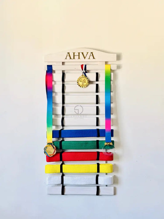 Karate Belt Display White Personalized: Solid Wood Martial Arts Taekwondo Jiu Jitsu Judo Belt Organizer