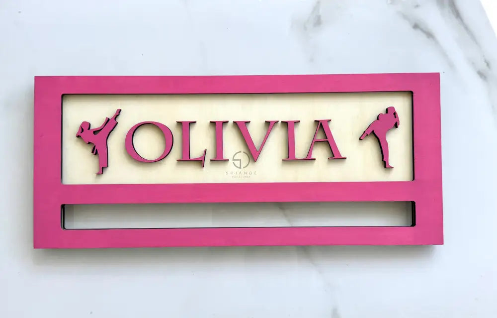 Personalized karate medal display rack with custom engraving for martial arts medals Pink