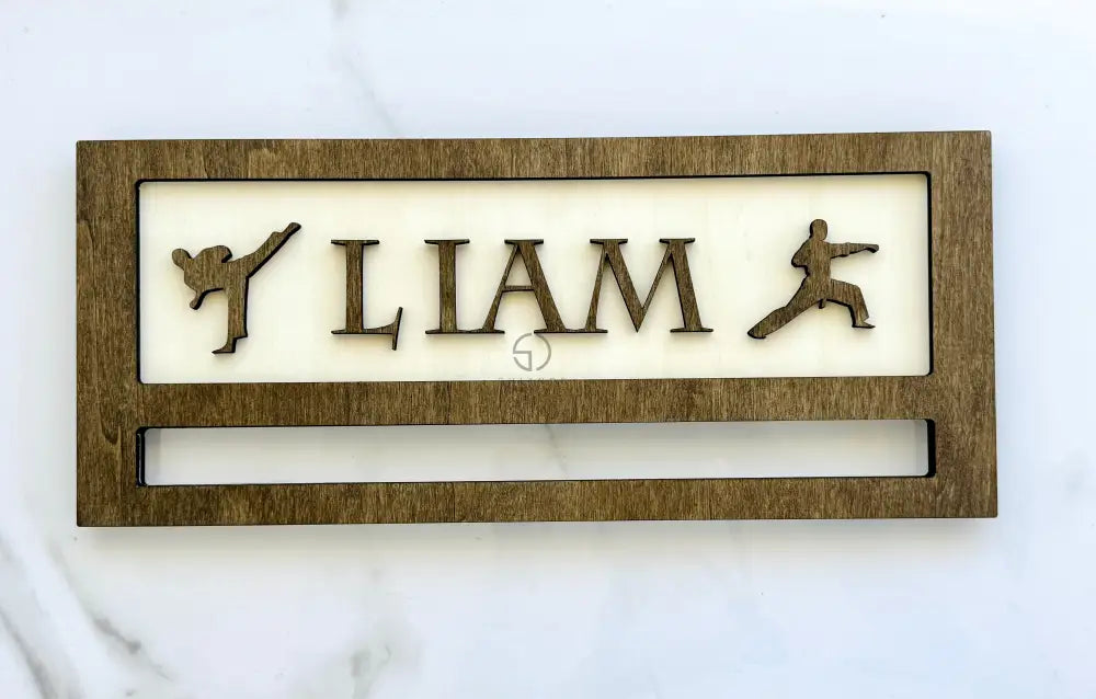 Personalized karate medal display rack with custom engraving for martial arts medals