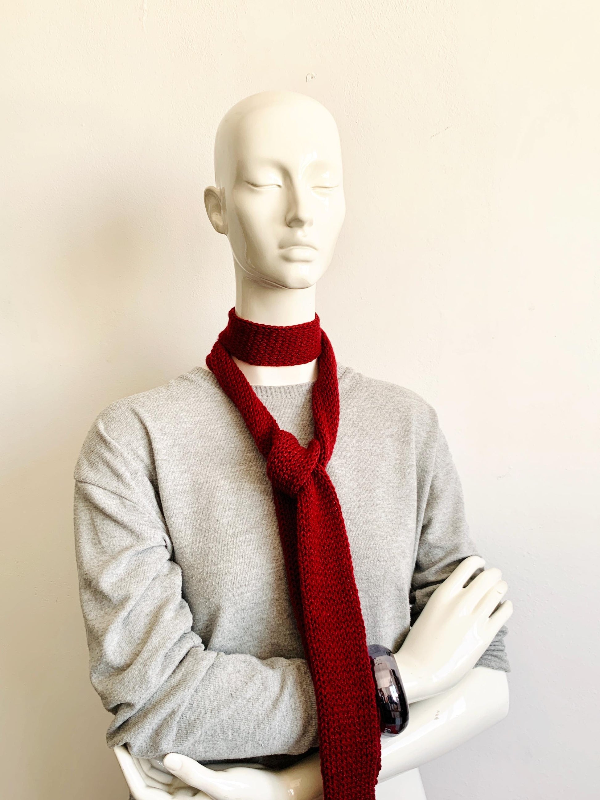 Handmade maroon knit skinny scarf for women, long burgundy double-sided tube scarf tie, soft and lightweight accessory for everyday wear or gifting
