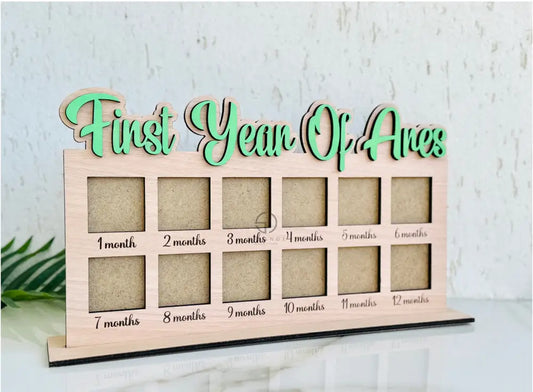 Personalized Baby Milestone Photo Frame: First Year Wooden Picture Board
