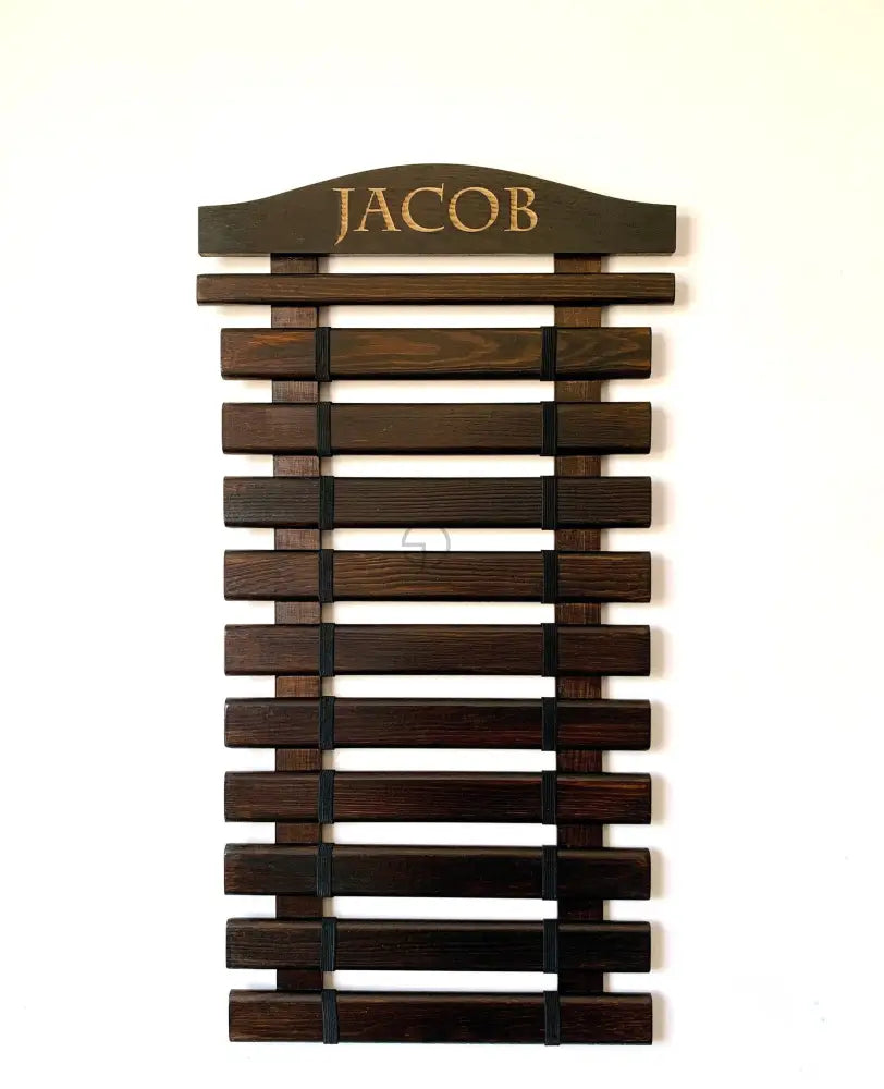 Handmade wooden belt display with engraved name or dojo logo