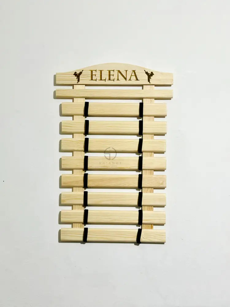 Personalized  karate belt display rack for martial arts, taekwondo, jiu-jitsu, BJJ, Solid Wood handmade organizer for showcasing earned belts.