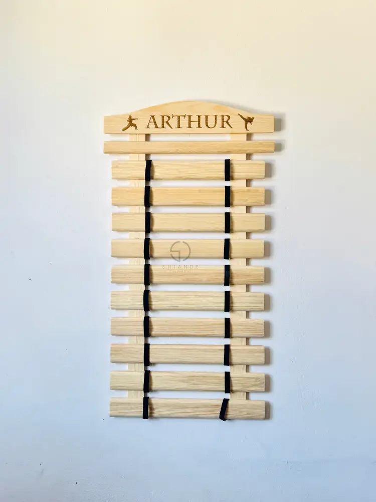 Personalized  karate belt display rack for martial arts, taekwondo, jiu-jitsu, BJJ, Solid Wood handmade organizer for showcasing earned belts.