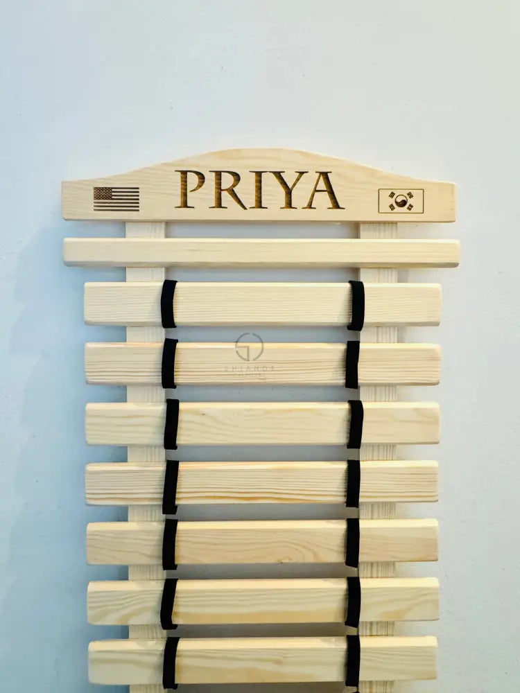 Personalized  karate belt display rack for martial arts, taekwondo, jiu-jitsu, BJJ, Solid Wood handmade organizer for showcasing earned belts.