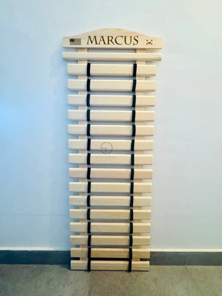 Personalized  karate belt display rack for martial arts, taekwondo, jiu-jitsu, BJJ, Solid Wood handmade organizer for showcasing earned belts.