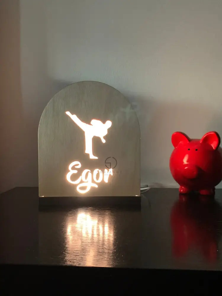 LED Martial Arts Lampshade, Personalized Karate Gift for Kids Room Decor, Bedside Nightlight, Taekwondo Wood Cut Lamp, Jiu Jitsu Led Light