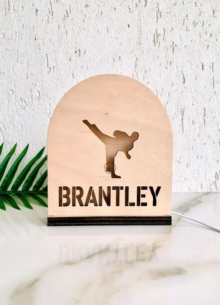 Martial Arts LED Lampshade, Personalized Karate Gift for Kids Room Decor, Bedside Nightlight, Taekwondo Wood Cut Lamp, Jiu Jitsu Led Light