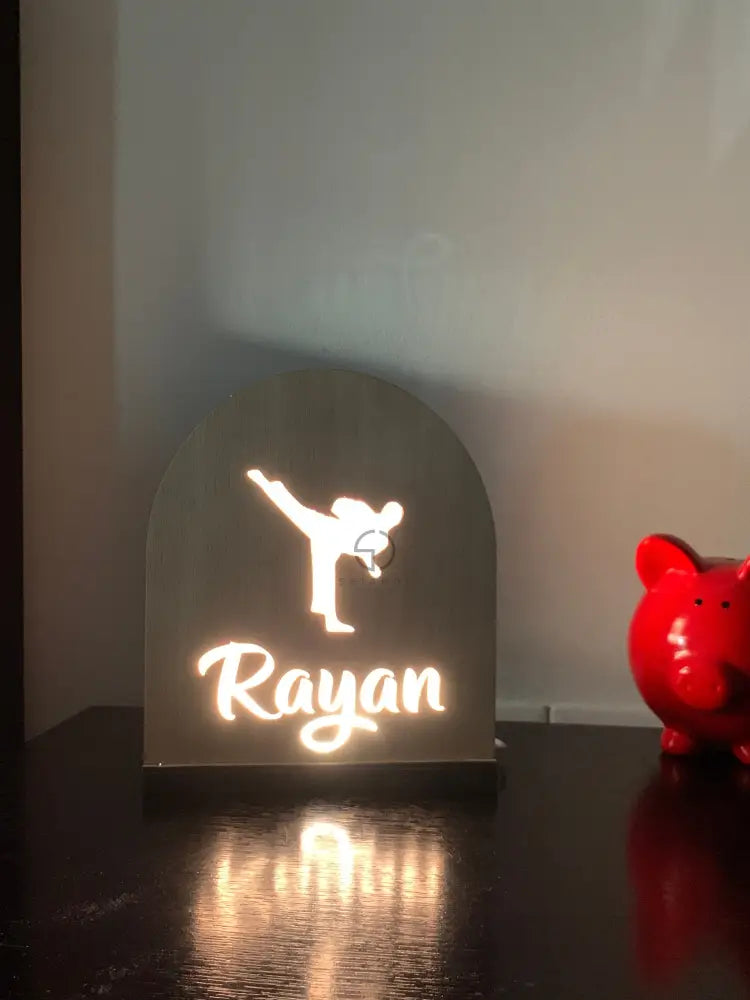 LED Martial Arts Lampshade, Personalized Karate Gift for Kids Room Decor, Bedside Nightlight, Taekwondo Wood Cut Lamp, Jiu Jitsu Led Light