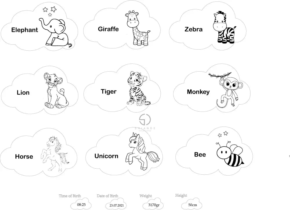 Safari Animals Nursery Sign: Wooden Cloud Baby Name Plaque with Jungle Animals & Birth Stats